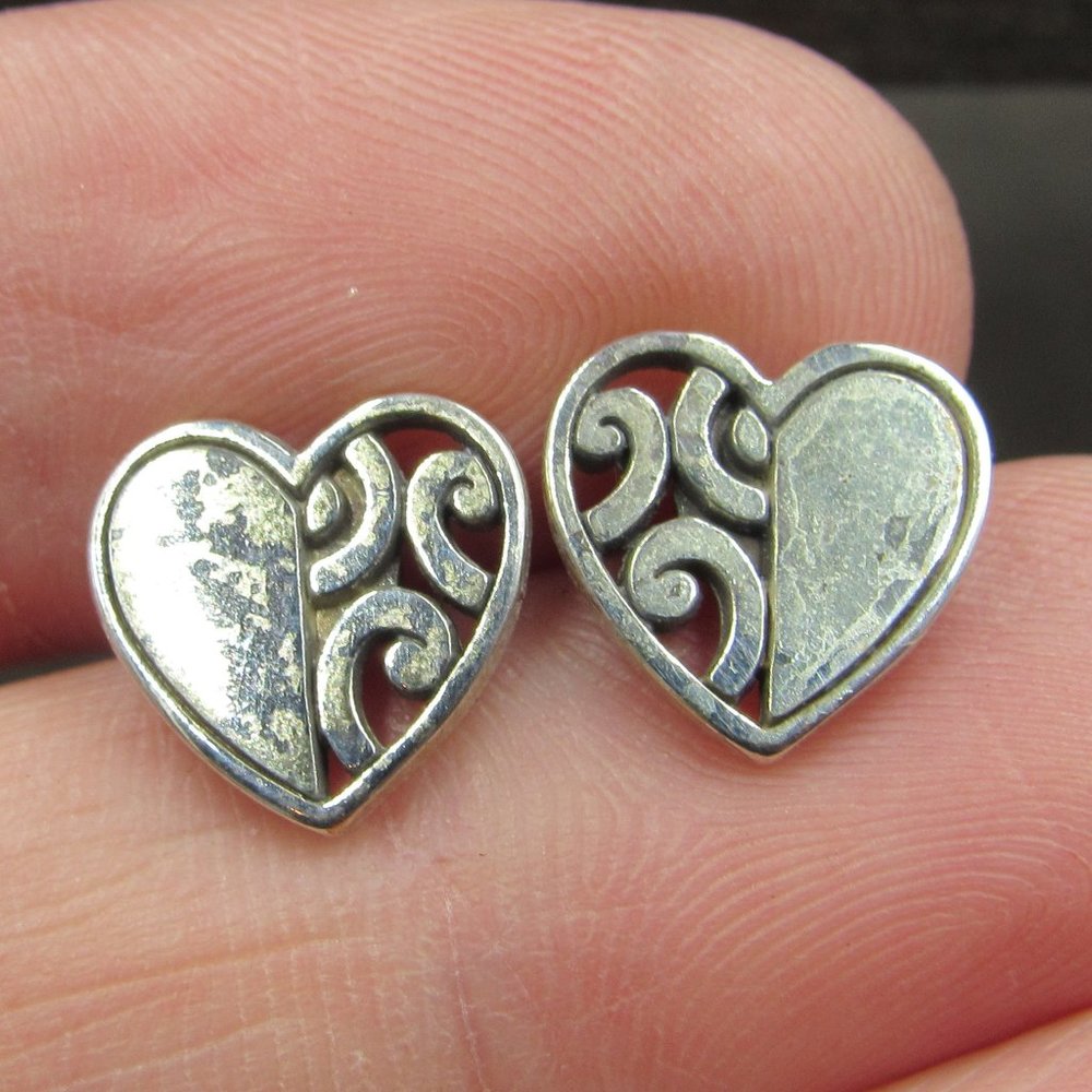 Sterling Silver Fancy Heart Tarnished Stud Earrings Vintage